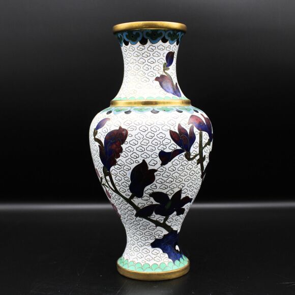 Vintage Brass Cloisonne Flower Vase Enamel Chinoiserie Style Floral Design Decor - Picture 3 of 5